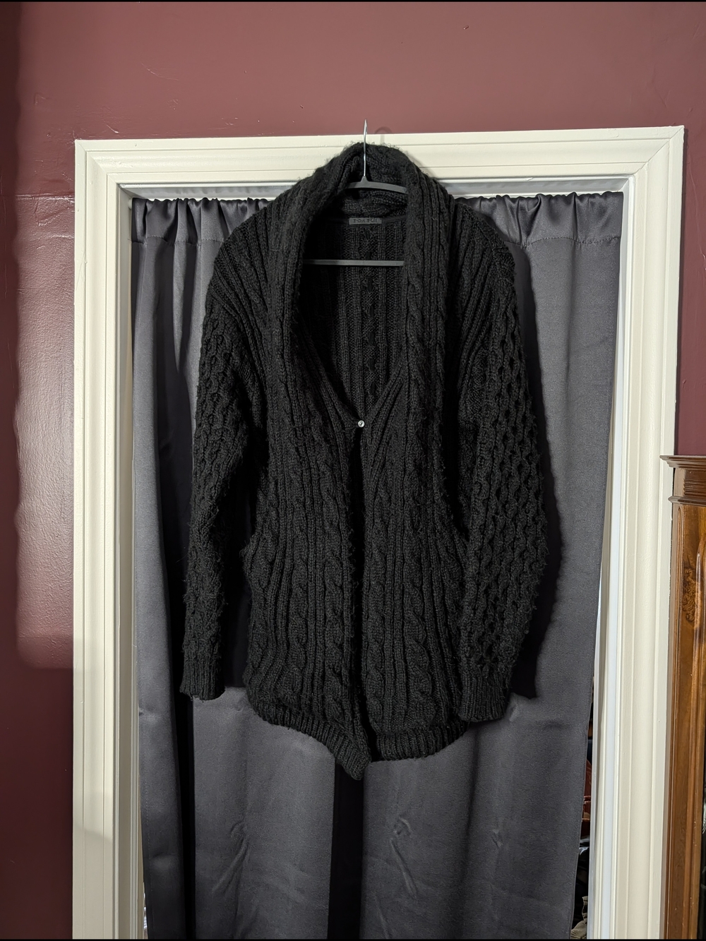 KMRII Men's Black Cable-Knit Mohair Leather Detail Shawl Cardigan Sweater Sz1